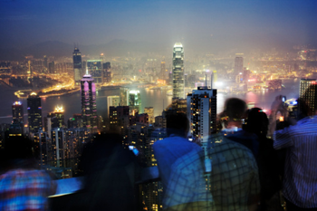 Hong Kong, tourists viewing Business District at night
