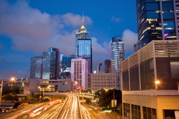 Car trails, downtown Hong Kong, China