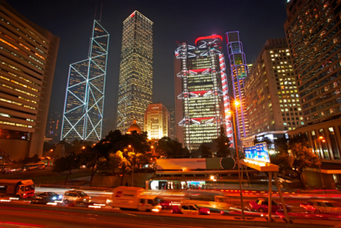 China, Hong Kong, skyscrapers in financial district, night