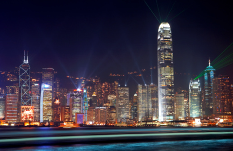 China, Hong Kong, skyline at night