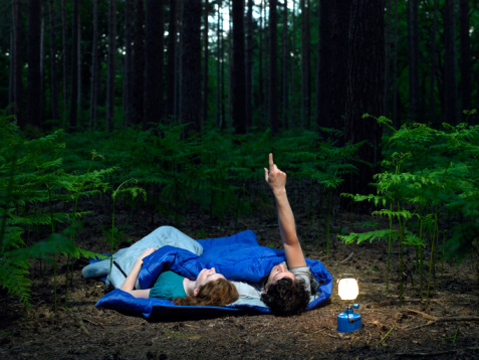 Couple lying in sleeping bags in forest with illuminated lantern, man pointing upwards