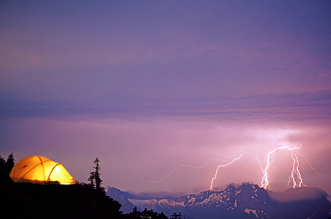Lightning storm and tent at sloan peak